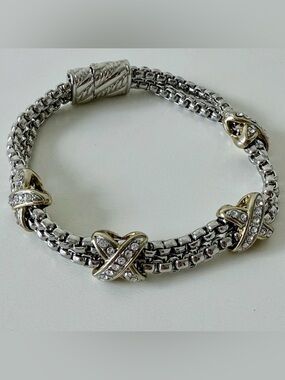 Classic Two-Tone "X" Station Pave Crystal Bracelet with Magnetic Clasp EUC